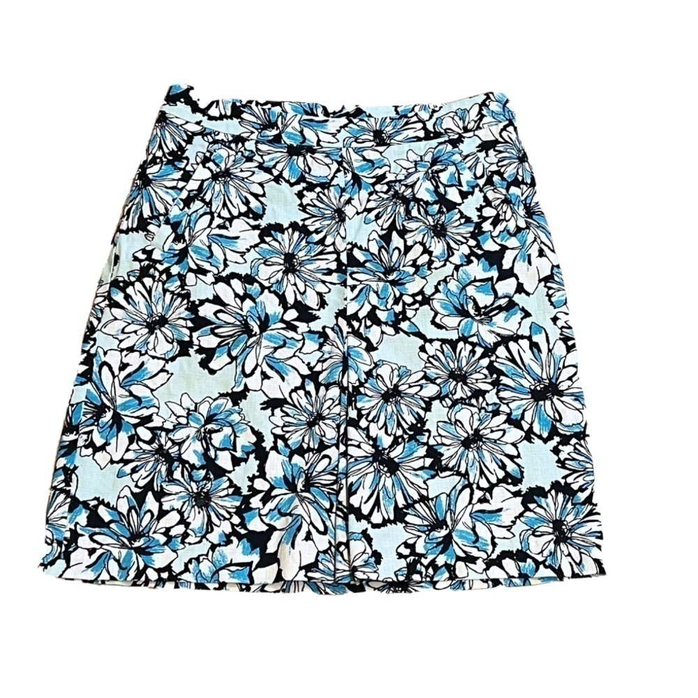 Jones New York blue floral stretch mid rise knee length skirt size 6